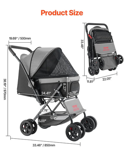 Pet Stroller Foldable 4 Wheels Travel Dog Stroller Reversible Handle up to 44lbs