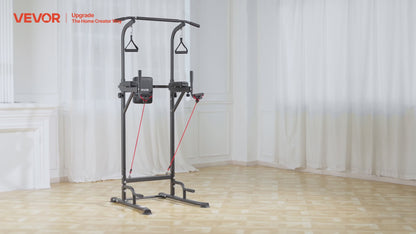 VEVOR Pull Up Bar, 330 LBS Power Tower Dip Station, Workout Dip Station with H-Shaped Stable Base & Back Pad, Adjustable 12 Level Height Free Standing Chin Up Bar for Back, 4-Level Adjustable Back Pad