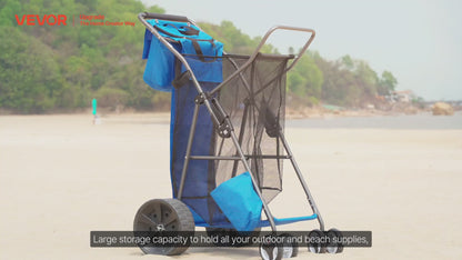VEVOR Beach Cart with Large Wheels for Sand, 165 lbs Load Capacity, Heavy Duty Folding Beach Wagon with 10" Solid Wheels, Insulated Cooler Bag, Umbrella Holder, Holds 4 Chairs for Camping & Fishing