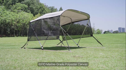 VEVOR 3 Bow Bimini Top Boat Cover, Detachable Mesh Sidewalls, 600D Polyester Canopy with 1" Aluminum Alloy Frame, Includes Storage Boot, 2 Support Poles, 2 Straps, 6'L x 46"H x 67"-72"W, Light Grey