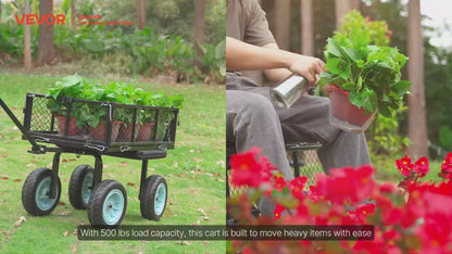 VEVOR Garden Cart with Seat, 500 LBS, Rolling Steel Garden Work Seat with Wheels, Heavy Duty Gardening Stool, with Tool Tray & Adjustable Handle, Outdoor Yard Wagon, for Lawn, Patio, Backyard, Black