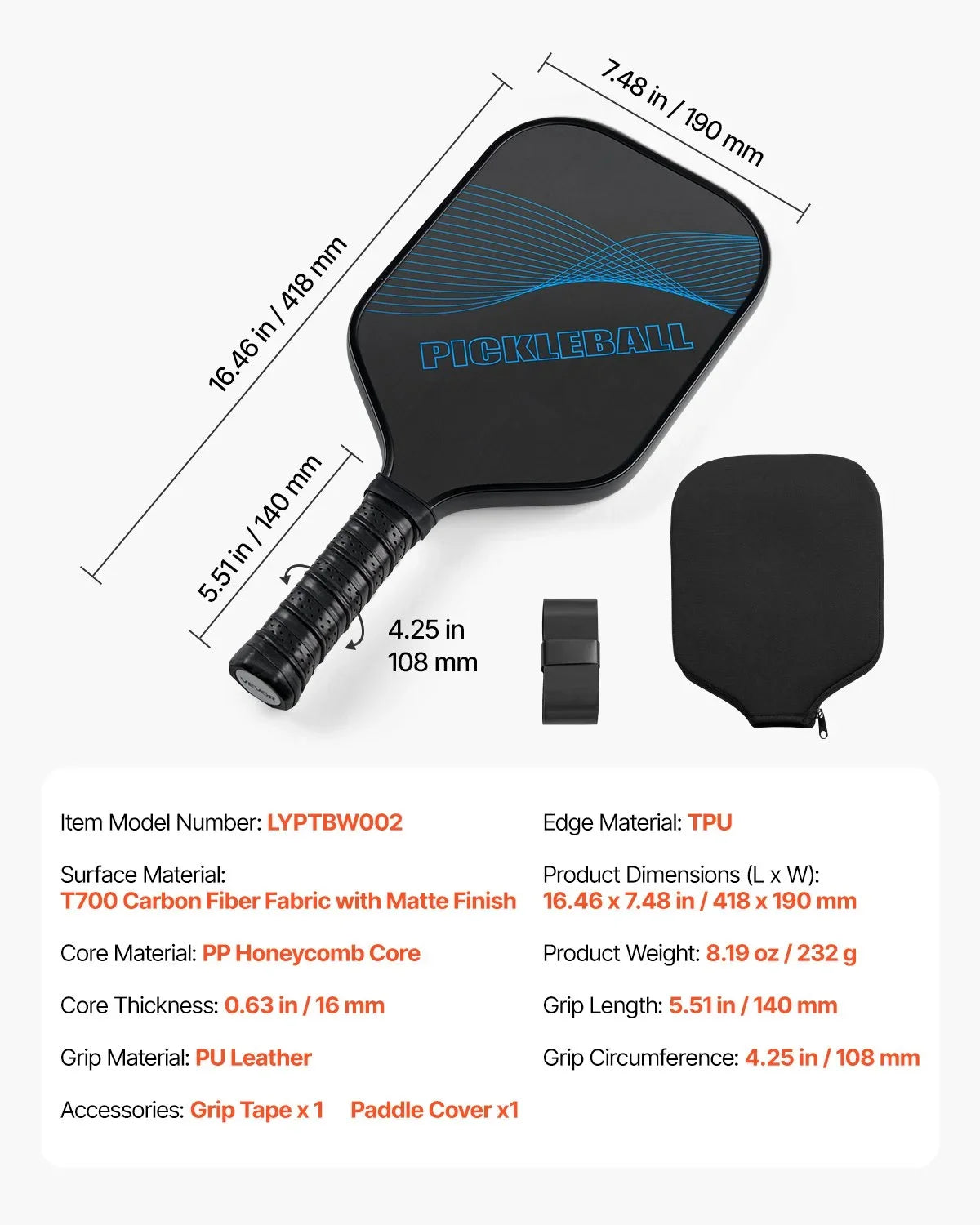 Pro Carbon Fiber Pickleball Paddle Honeycomb Core Racket for Adults Blue - View 6