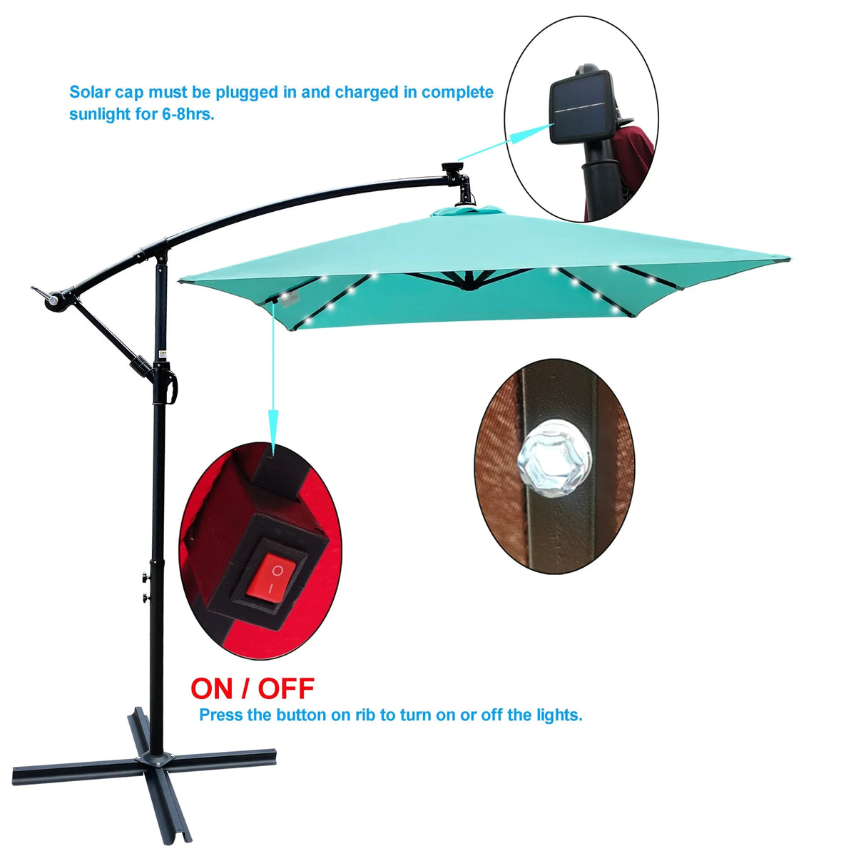 Rectangle Outdoor Patio Umbrella Solar Powered LED Lighted Waterproof 6 Ribs with Crank and Cross Base - View 18