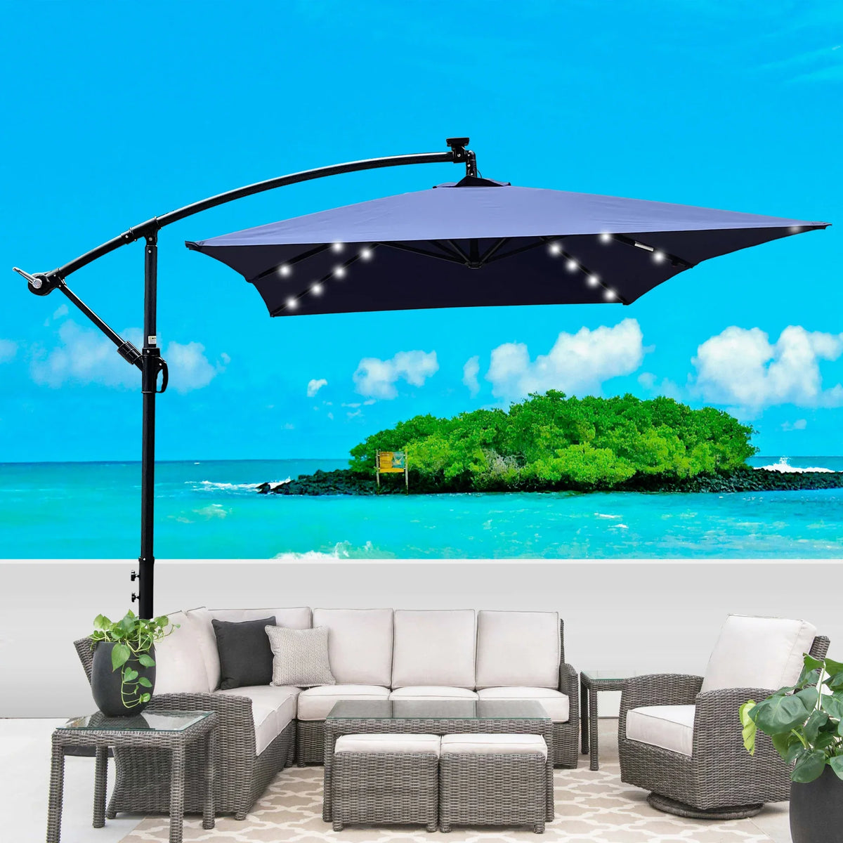 Rectangle Outdoor Patio Umbrella Solar Powered LED Lighted Waterproof 6 Ribs with Crank and Cross Base - View 25