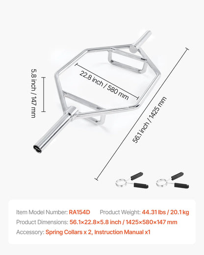 Trap Bar Hex Bar Barbell Weightlifting for Squat Shrug Deadlift 2in Knurled Grip - View 7