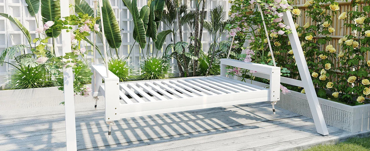 Twin Size Porch Swing Bed, Patio Acacia Wood Swing Frame with Hemp Ropes for Backyard - View 15