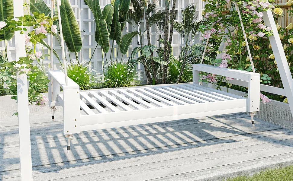 Twin Size Porch Swing Bed, Patio Acacia Wood Swing Frame with Hemp Ropes for Backyard - View 16