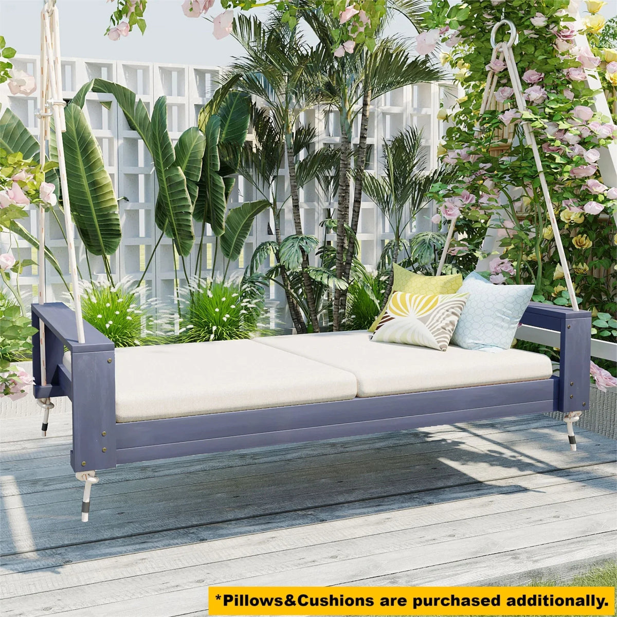 Twin Size Porch Swing Bed, Patio Acacia Wood Swing Frame with Hemp Ropes for Backyard - View 18