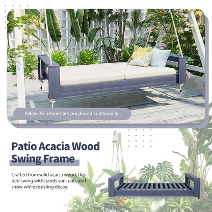 Twin Size Porch Swing Bed, Patio Acacia Wood Swing Frame with Hemp Ropes for Backyard - View 19