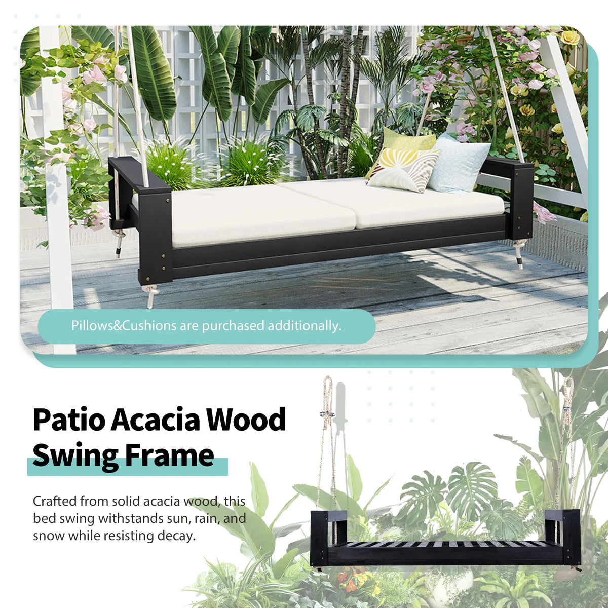 Twin Size Porch Swing Bed, Patio Acacia Wood Swing Frame with Hemp Ropes for Backyard - View 35