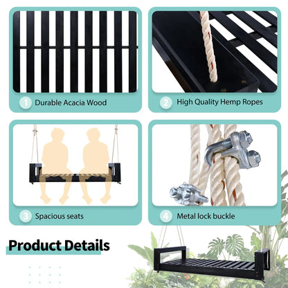 Twin Size Porch Swing Bed, Patio Acacia Wood Swing Frame with Hemp Ropes for Backyard - View 36