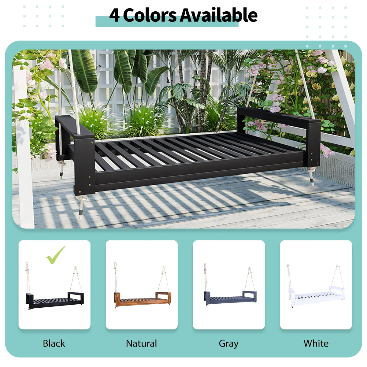 Twin Size Porch Swing Bed, Patio Acacia Wood Swing Frame with Hemp Ropes for Backyard - View 37