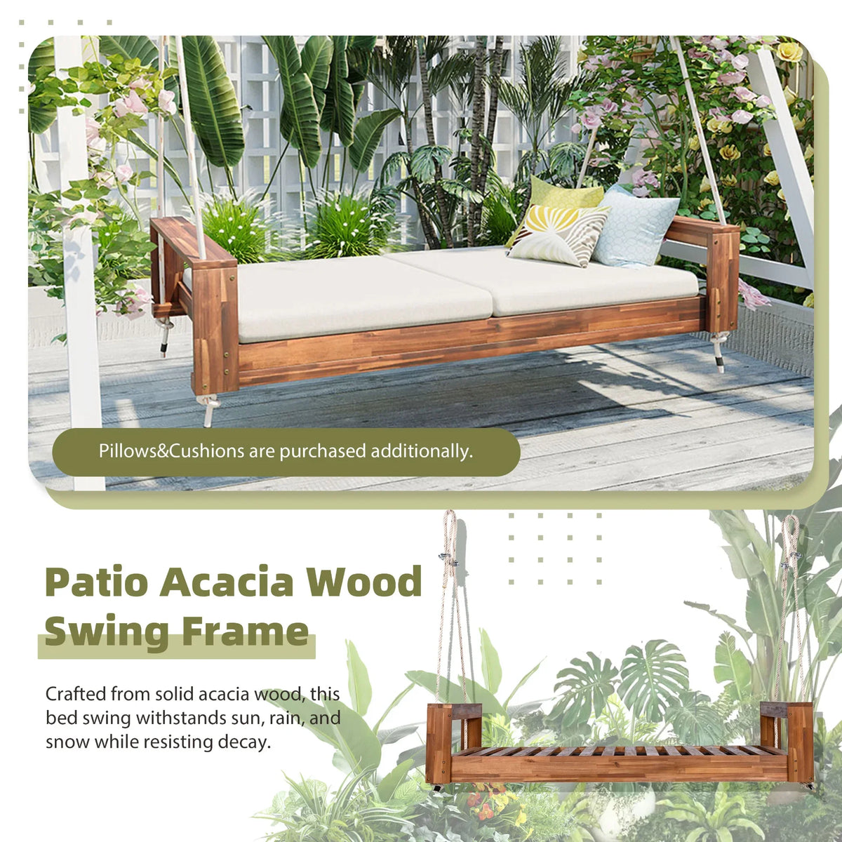 Twin Size Porch Swing Bed, Patio Acacia Wood Swing Frame with Hemp Ropes for Backyard - View 51