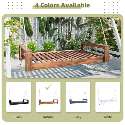 Twin Size Porch Swing Bed, Patio Acacia Wood Swing Frame with Hemp Ropes for Backyard - View 53