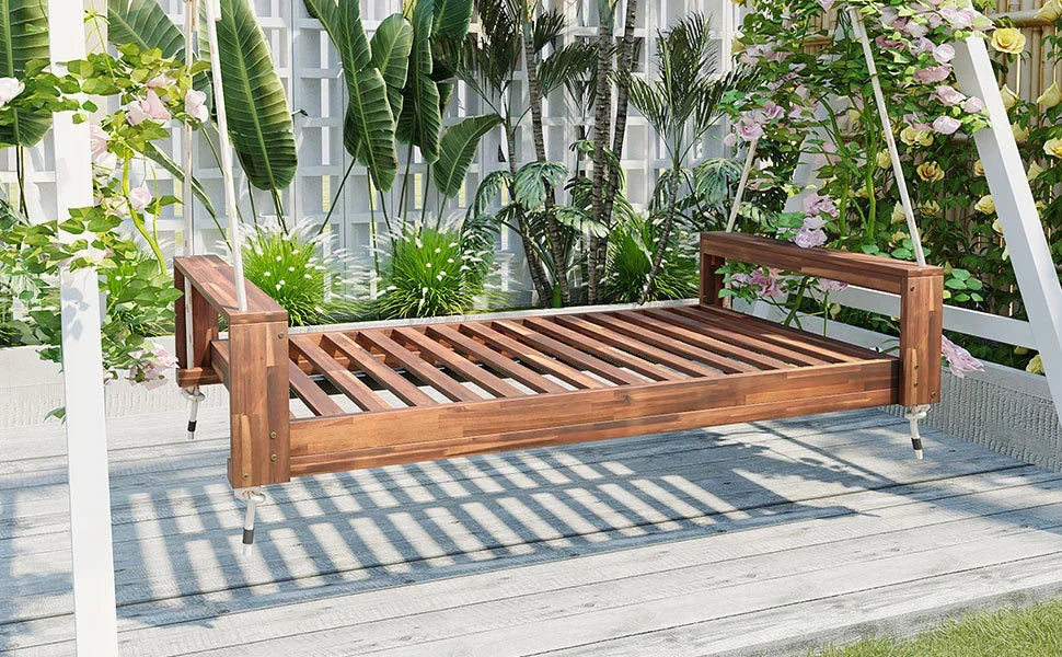 Twin Size Porch Swing Bed, Patio Acacia Wood Swing Frame with Hemp Ropes for Backyard - View 64