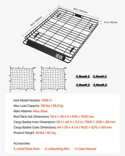 Universal Roof Rack Cargo Carrier Basket 64x50x4.1 in Car Top Luggage Holder Net - View 6