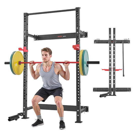 VEVOR Folding Power Cage, Wall-Mounted Power Rack Squat Rack, Multifunctional Strength Training Workout Equipment with Landmine Holder, Adjustable J-Hooks & Pull-Up Bar for Home Gym, 1000LBS Capacity