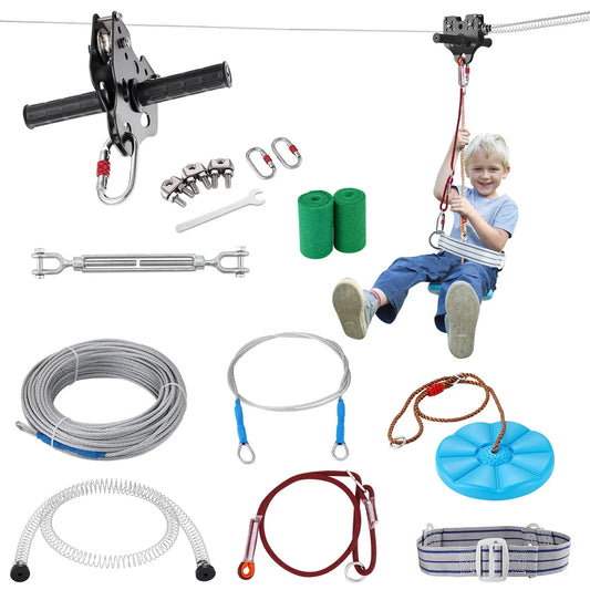 VEVOR Zipline Kit for Kids and Adult, 60 ft Zip Line Kits Up to 500 lb, Backyard Outdoor Quick Setup Zipline, Playground Entertainment with Stainless Steel Zipline, Spring Brake, Safety Harness, Seat