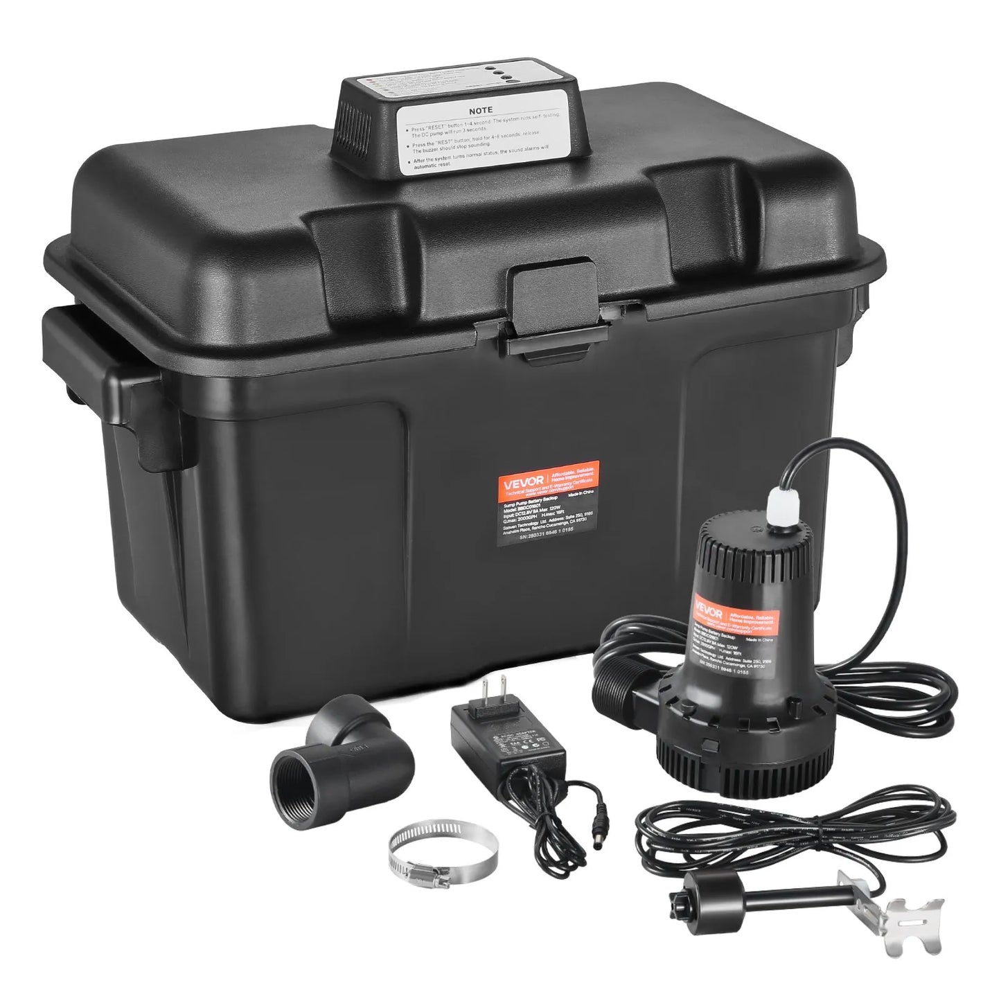 VEVOR Basement Emergency Back-Up Sump Pump, 2000GPH 0.17 HP Backup Sump Pump System, with 15V Adapter, Float Switch, 24-Hour-a-Day Monitoring Controller, Alerts, and Charger, Black