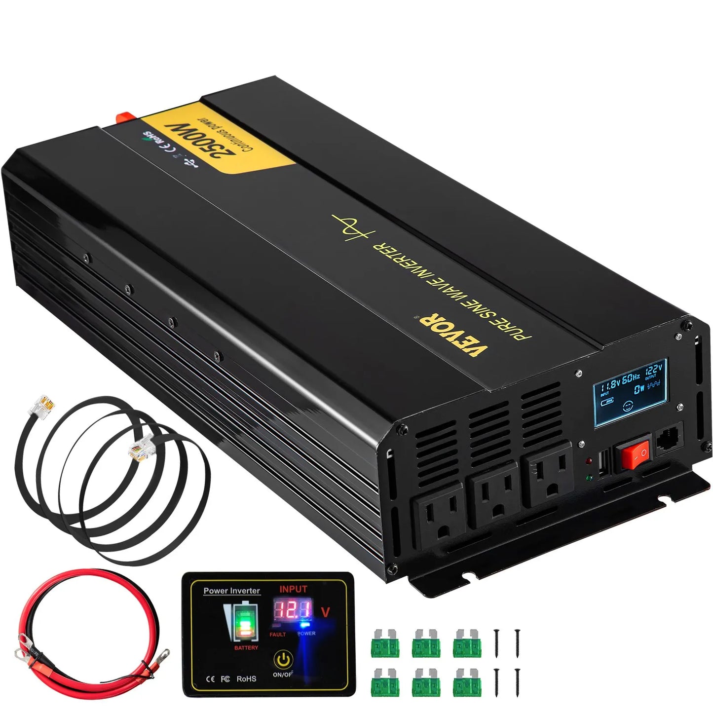 VEVOR Pure Sine Wave Inverter, 2500 Watt Power Inverter, DC 12V to AC 120V Car Inverter, with USB Port, LCD Display, and Remote Controller Power Converter, for RV Truck Car Solar System Travel Camping