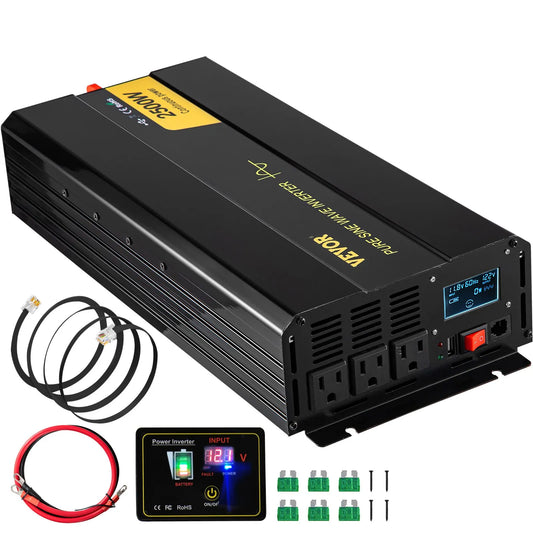 VEVOR Pure Sine Wave Inverter, 2500 Watt Power Inverter, DC 12V to AC 120V Car Inverter, with USB Port, LCD Display, and Remote Controller Power Converter, for RV Truck Car Solar System Travel Camping