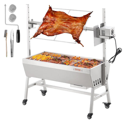 VEVOR Upgrade Rotisserie Grill, 35 Inch 90 Lbs Capacity, BBQ Whole Pig Lamb Goat Charcoal Spit Grill, Electric 42W Motor Stainless Steel Rotisserie Roaster with Lockable Wheels, for Camping Outdoor