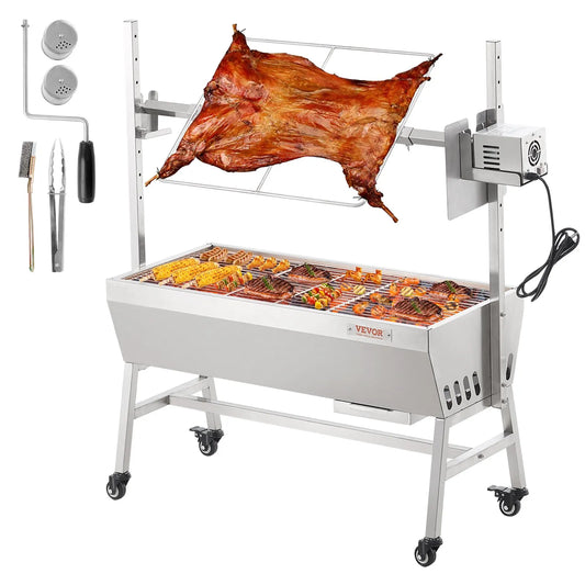 VEVOR Upgrade Rotisserie Grill, 35 Inch 90 Lbs Capacity, BBQ Whole Pig Lamb Goat Charcoal Spit Grill, Electric 42W Motor Stainless Steel Rotisserie Roaster with Lockable Wheels, for Camping Outdoor