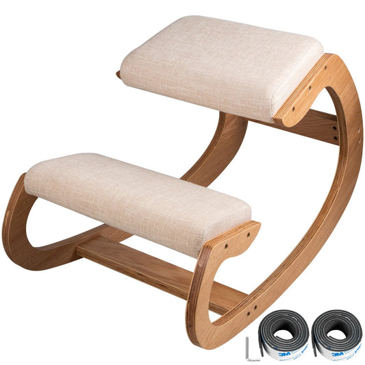Wooden kneeling stool with beige cushion and mounting hardware on a white background