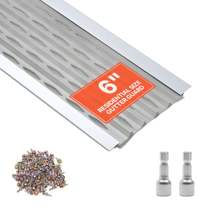 VEVOR Gutter Guard, 6 in Aluminum Gutter Cover with Stainless Steel Micro Mesh, Heavy-Duty 100ft Length, 0.04in Thick, Leaf Guard for Debris and Pine Needles, Easy DIY Install, Screws Included, 20 PCS