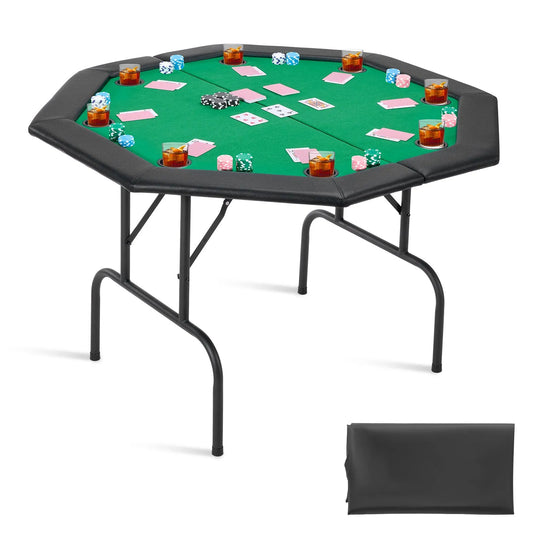 VEVOR Foldable Poker Table, 8 Player 48 in Folding Casino Leisure Table with Padded Rails & Cup Holders, Octagonal Portable Game Tables with Felt & Metal Legs, for Texas Hold'em Game and Blackjack