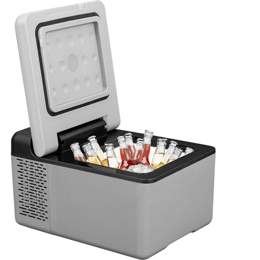 Portable cooler with open lid showing drinks inside on a white background