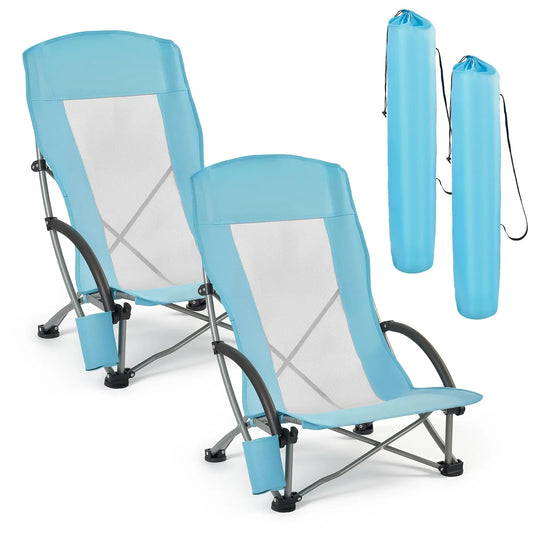 VEVOR Folding Beach Chair, High Back Camping Chairs for Adults, with Cup Pocket, Mesh Back, Carry Bag, Portable Extra Wide Seat Chair 330 lbs Heavy Duty Support, for Outdoor, Camp, Light Blue, 2 Pack
