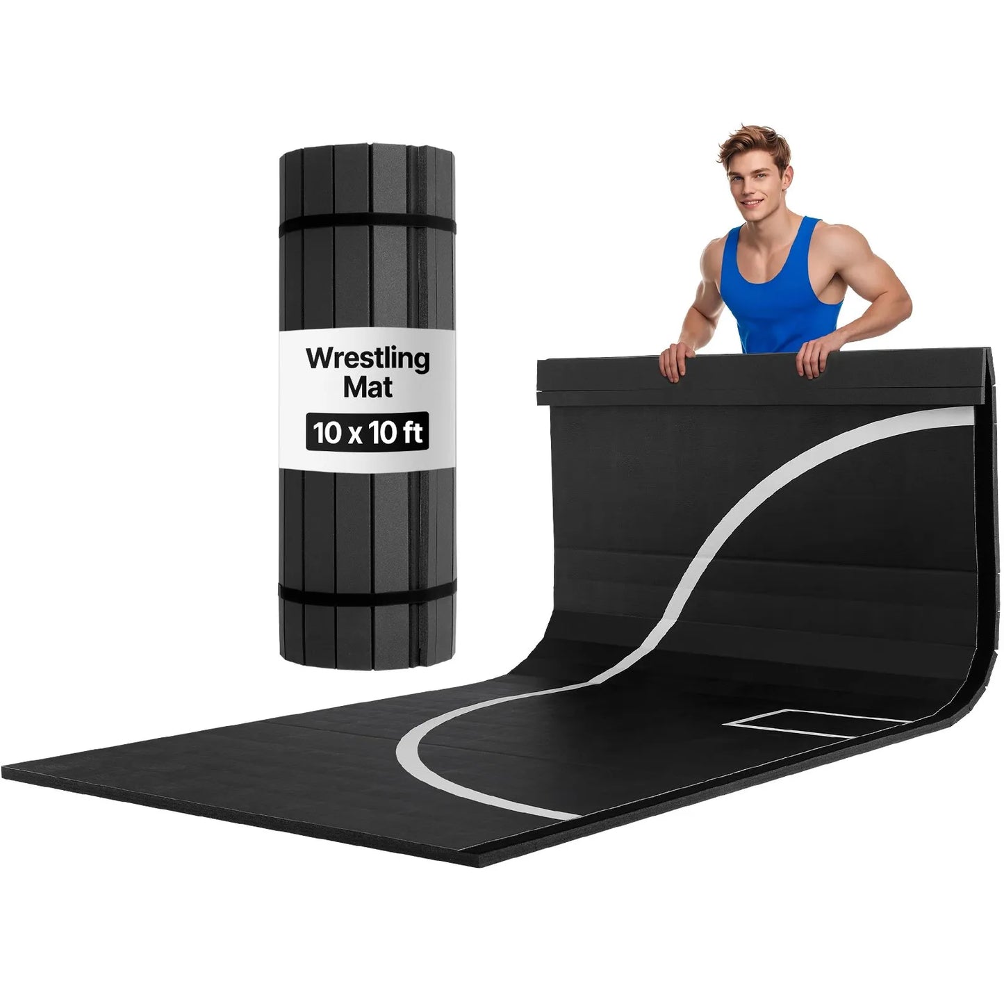 10x10 ft Wrestling Mat, Martial Arts Thick Mat for Home Gym Workouts Exercise, Waterproof PVC Roll-Up Training Mats with Circles, for Gymnastics, Tatami, Jiu Jitsu BJJ MMA Judo, Boxing, Black