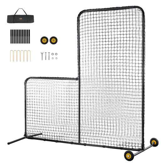 VEVOR L Screen Baseball for Batting Cage, 7x7 ft Softball Safety Screen, Body Protector Portable Batting Screen with Carry Bag, Wheels, Ground Stakes, Heavy Duty Pitching Net for Pitchers Protection