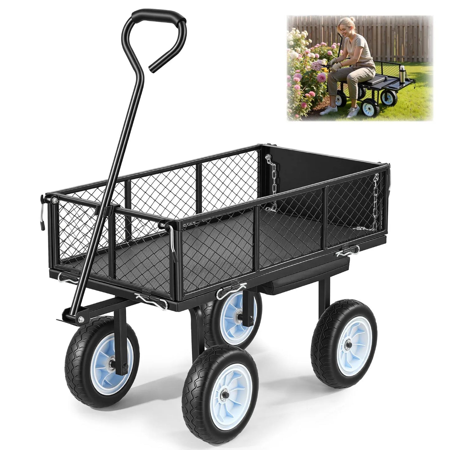 VEVOR Garden Cart with Seat, 500 LBS, Rolling Steel Garden Work Seat with Wheels, Heavy Duty Gardening Stool, with Tool Tray & Adjustable Handle, Outdoor Yard Wagon, for Lawn, Patio, Backyard, Black