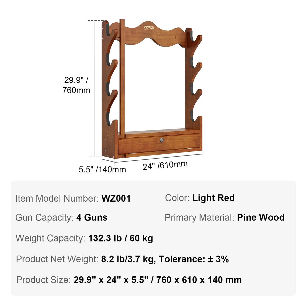 VEVOE Gun Rack, Wood Gun Rack Wall Mount, Gun Display Rack holds 4 Rifles, Shotguns, 132 lb Heavy Duty Wall Storage Display Rifle Rack with Soft Padding - View 15