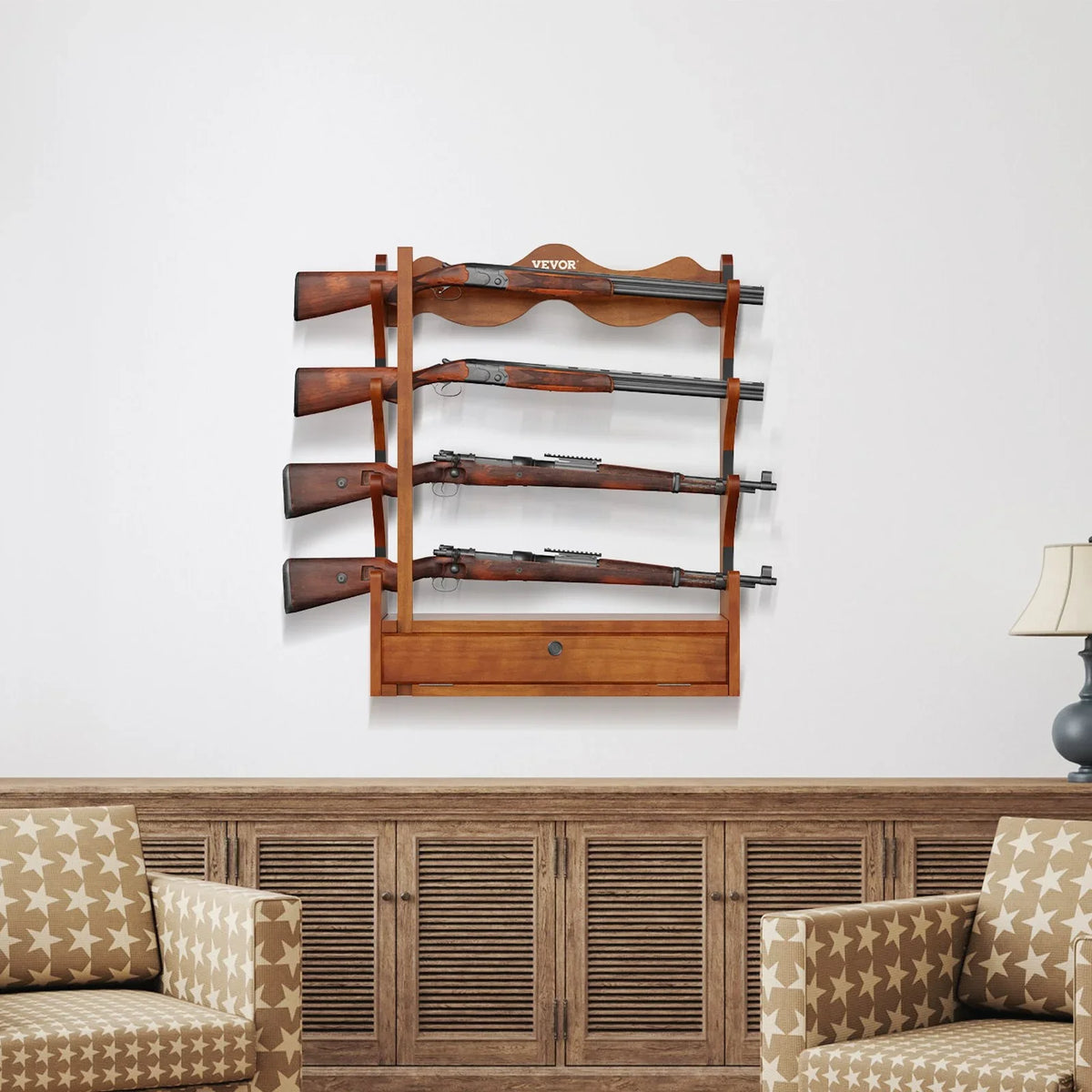 VEVOE Gun Rack, Wood Gun Rack Wall Mount, Gun Display Rack holds 4 Rifles, Shotguns, 132 lb Heavy Duty Wall Storage Display Rifle Rack with Soft Padding - View 16