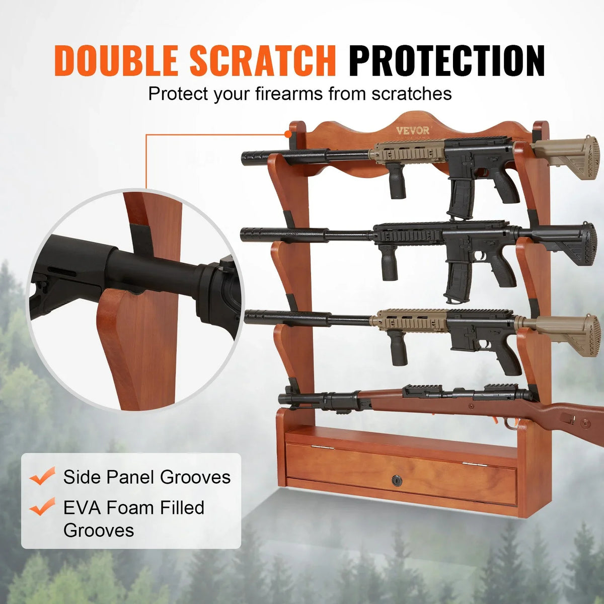 VEVOE Gun Rack, Wood Gun Rack Wall Mount, Gun Display Rack holds 4 Rifles, Shotguns, 132 lb Heavy Duty Wall Storage Display Rifle Rack with Soft Padding - View 3