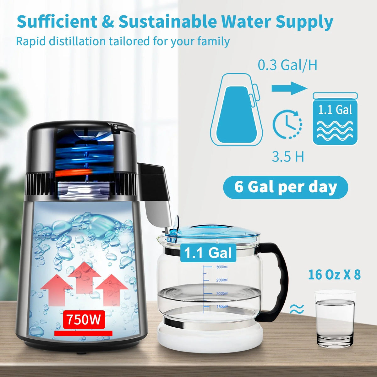 VEVOR 1.1 Gal Water Distiller, 0.3 Gal/H, 750W Distilled Water Maker Machine 0-99H Timing Set Temp Display, 304 Stainless Steel Countertop Distiller Glass Carafe Cleaning Powder 3 Carbon Packs, Silver - View 3