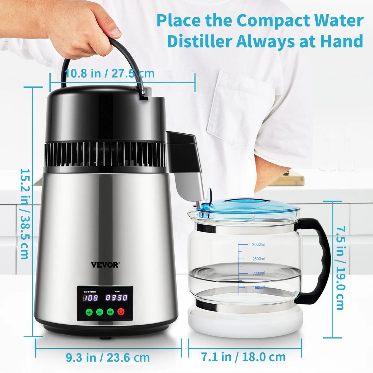VEVOR 1.1 Gal Water Distiller, 0.3 Gal/H, 750W Distilled Water Maker Machine 0-99H Timing Set Temp Display, 304 Stainless Steel Countertop Distiller Glass Carafe Cleaning Powder 3 Carbon Packs, Silver - View 7