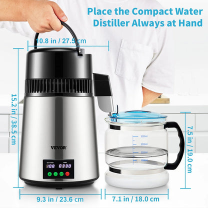 VEVOR 1.1 Gal Water Distiller, 0.3 Gal/H, 750W Distilled Water Maker Machine 0-99H Timing Set Temp Display, 304 Stainless Steel Countertop Distiller Glass Carafe Cleaning Powder 3 Carbon Packs, Silver - View 7