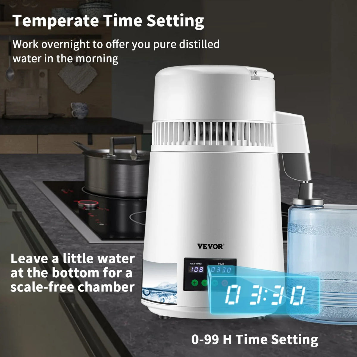 VEVOR 1.1Gal Water Distiller, 0.3Gal/H, 750W Distilled Water Maker Machine 0-99H Timing Set Temp Display, 304 Stainless Steel Countertop Distiller Plastic Carafe Cleaning Powder 3 Carbon Packs, White - View 4