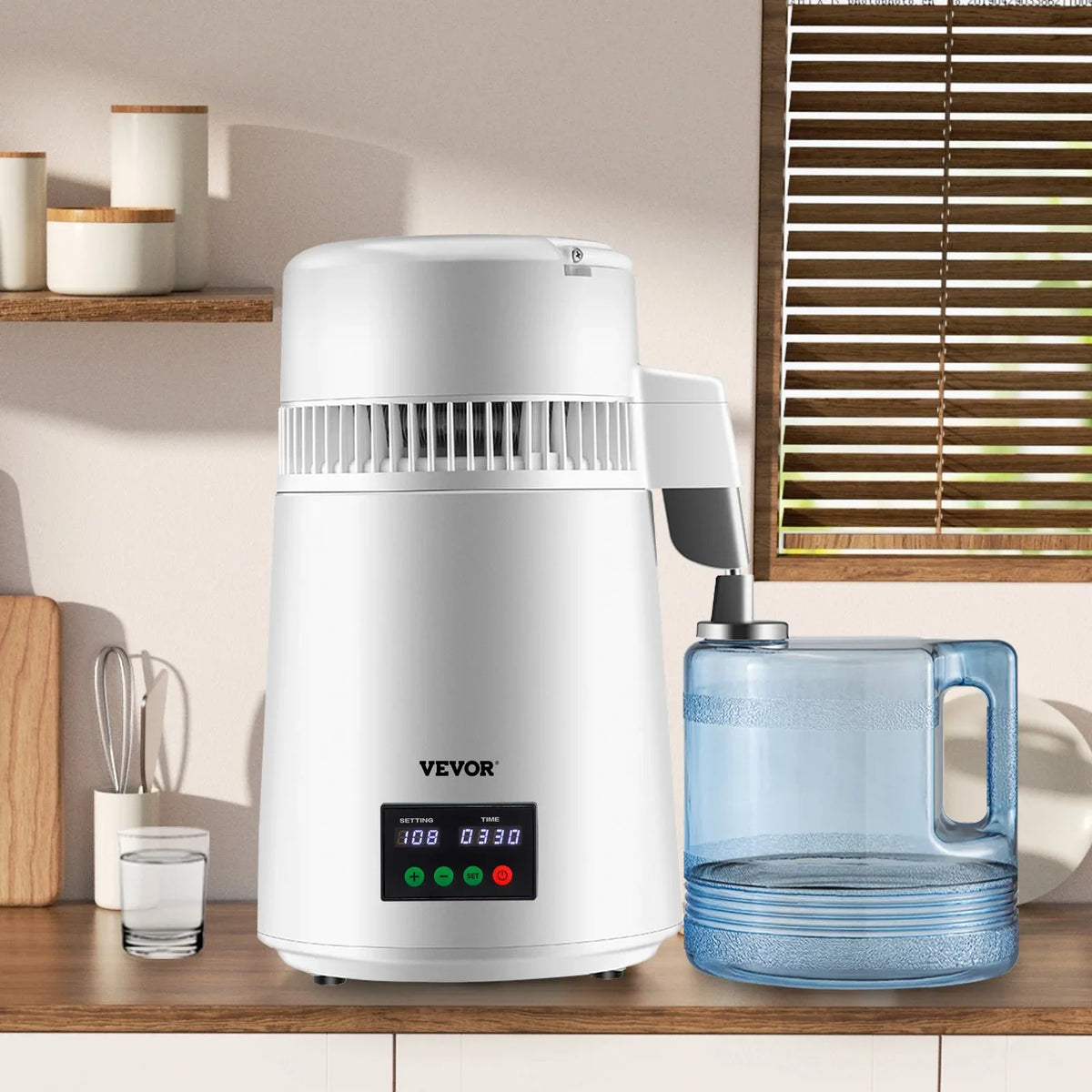 VEVOR 1.1Gal Water Distiller, 0.3Gal/H, 750W Distilled Water Maker Machine 0-99H Timing Set Temp Display, 304 Stainless Steel Countertop Distiller Plastic Carafe Cleaning Powder 3 Carbon Packs, White - View 8