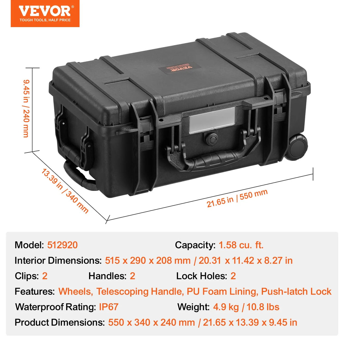 VEVOR 1.58 Cu.ft Weatherproof Hard Case with Retractable Pull Handles & Wheels - View 6