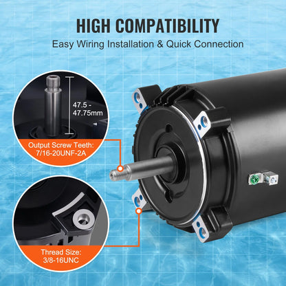 VEVOR 1 HP Pool Pump Motor, 56J Frame, 115V(9.8 Amps)/230V(4.9 Amps) 3450 RPM, 60Hz, 1.4 Service Factor, 90μF/250V Capacitor, CCW Rotation Round Flange Replacement Motor - View 3