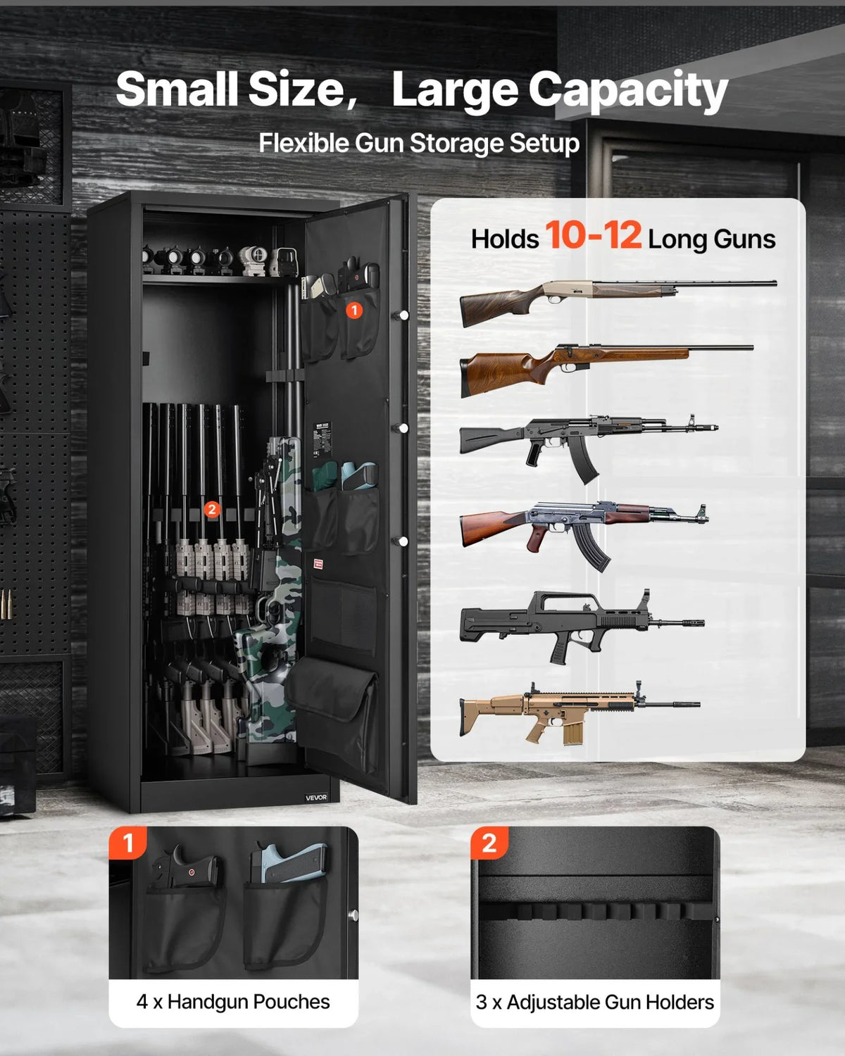 VEVOR 10-12 Gun Safe, Long Gun Cabinet for Rifles and Pistols, Quick Access Rifle Safe with 4 Pistol Pockets and 3 Adjustable Racks, Large Digital Cabinet with Key and Password Lock