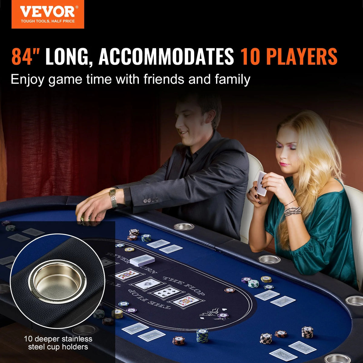 VEVOR 10 Player Foldable Poker Table, Blackjack Texas Holdem Poker Table with Padded Rails and Stainless Steel Cup Holders, Portable Folding Card Board Game Table, 84" Oval Casino Leisure Table - View 2