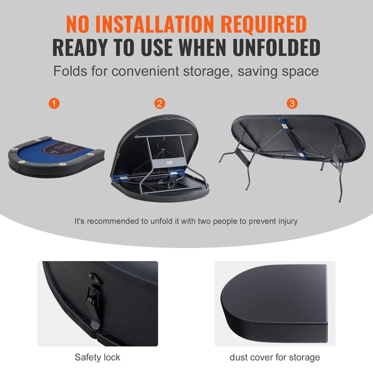VEVOR 10 Player Foldable Poker Table, Blackjack Texas Holdem Poker Table with Padded Rails and Stainless Steel Cup Holders, Portable Folding Card Board Game Table, 84" Oval Casino Leisure Table - View 3