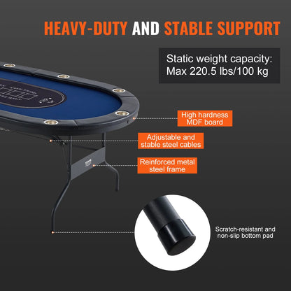 VEVOR 10 Player Foldable Poker Table, Blackjack Texas Holdem Poker Table with Padded Rails and Stainless Steel Cup Holders, Portable Folding Card Board Game Table, 84" Oval Casino Leisure Table - View 6
