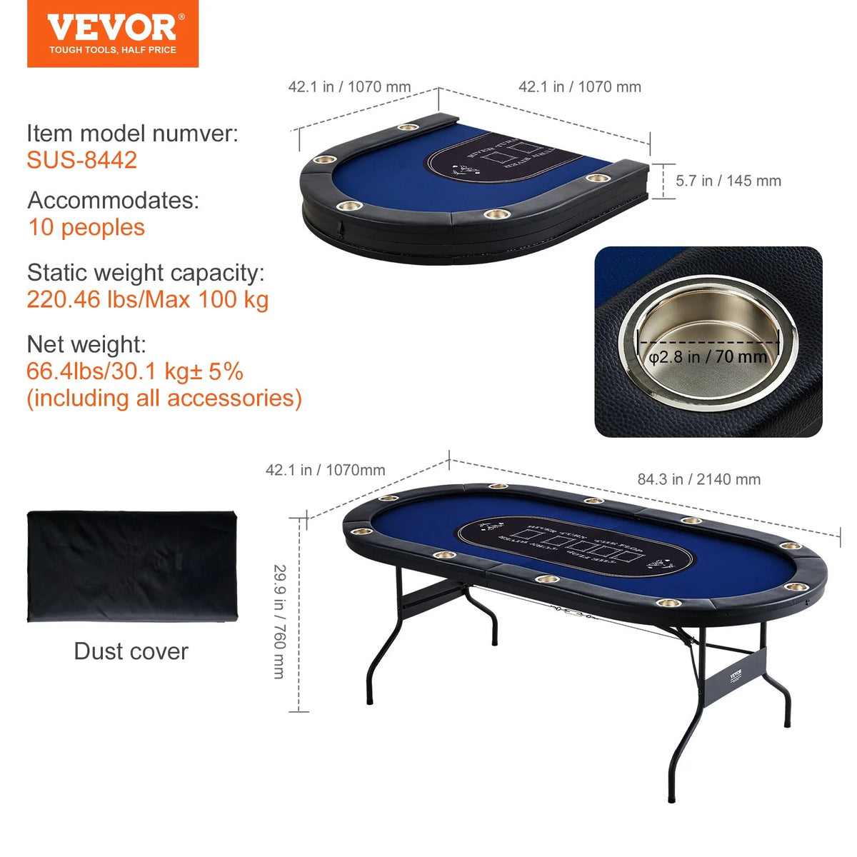 VEVOR 10 Player Foldable Poker Table, Blackjack Texas Holdem Poker Table with Padded Rails and Stainless Steel Cup Holders, Portable Folding Card Board Game Table, 84" Oval Casino Leisure Table - View 7
